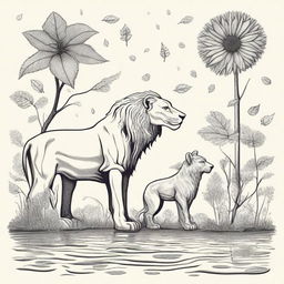 Illustrate a solemn and profound scene of various lifeforms: a wilting flower, a falling leaf, and an old lion, each reflecting the inescapable property of death in nature