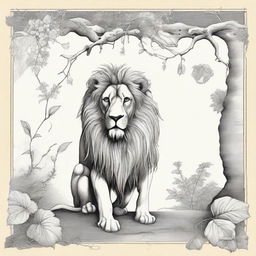 Illustrate a solemn and profound scene of various lifeforms: a wilting flower, a falling leaf, and an old lion, each reflecting the inescapable property of death in nature