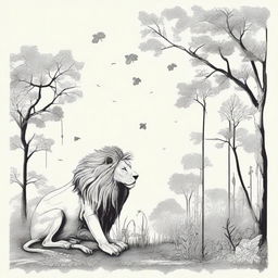 Illustrate a solemn and profound scene of various lifeforms: a wilting flower, a falling leaf, and an old lion, each reflecting the inescapable property of death in nature