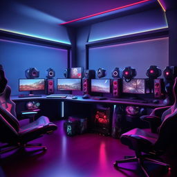 A state-of-the-art gaming room complete with high-end PCs, comfortable gaming chairs, ambiance-enhancing LED lighting, and multiple gaming consoles on a perfectly organized desk