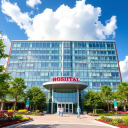 A large, modern hospital building featuring a sleek glass facade, surrounded by greenery and bright landscaping