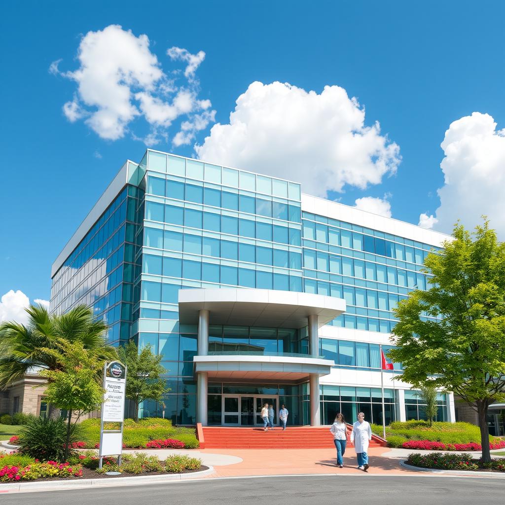 A large, modern hospital building featuring a sleek glass facade, surrounded by greenery and bright landscaping