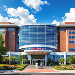 A large, modern hospital building featuring a sleek glass facade, surrounded by greenery and bright landscaping