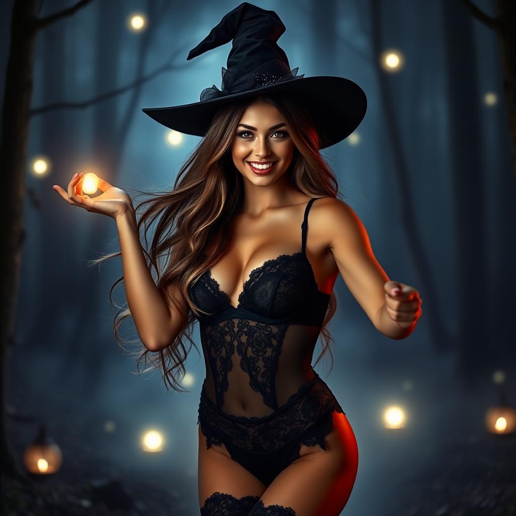 A stunning Victoria's Secret model with beautiful flowing hair posing in a sexy photoshoot themed around a sexy witch