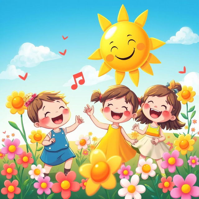 A vibrant and colorful scene inspired by a children's cartoon featuring playful characters similar to those in Cocomelon