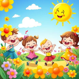 A vibrant and colorful scene inspired by a children's cartoon featuring playful characters similar to those in Cocomelon