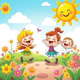 A vibrant and colorful scene inspired by a children's cartoon featuring playful characters similar to those in Cocomelon