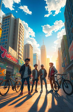 An imaginative and vibrant scene inspired by themes of adventure and exploration, featuring characters reminiscent of Lenox Kimani, Isaac, VentureBoy, and 安德魯 (Andrew), gathered in a dynamic urban landscape filled with colorful street art and towering skyscrapers