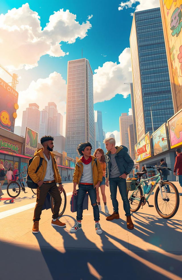 An imaginative and vibrant scene inspired by themes of adventure and exploration, featuring characters reminiscent of Lenox Kimani, Isaac, VentureBoy, and 安德魯 (Andrew), gathered in a dynamic urban landscape filled with colorful street art and towering skyscrapers