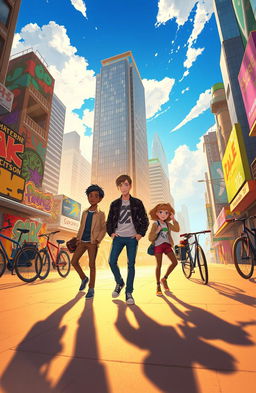 An imaginative and vibrant scene inspired by themes of adventure and exploration, featuring characters reminiscent of Lenox Kimani, Isaac, VentureBoy, and 安德魯 (Andrew), gathered in a dynamic urban landscape filled with colorful street art and towering skyscrapers