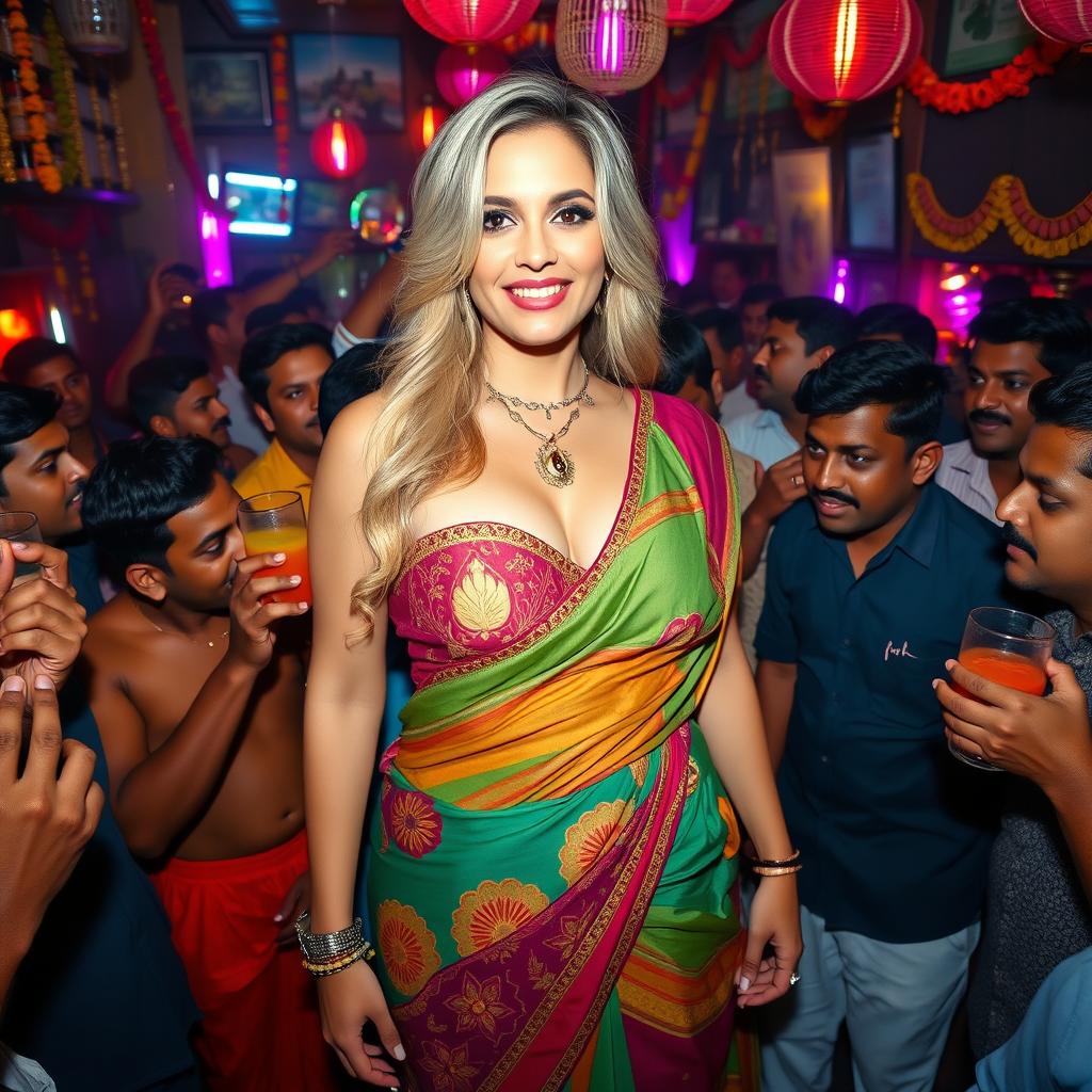 A busty, beautiful blonde woman wearing a colorful saree and a strapless blouse that showcases her big cleavage and accentuates her sexy navel