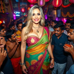 A busty, beautiful blonde woman wearing a colorful saree and a strapless blouse that showcases her big cleavage and accentuates her sexy navel