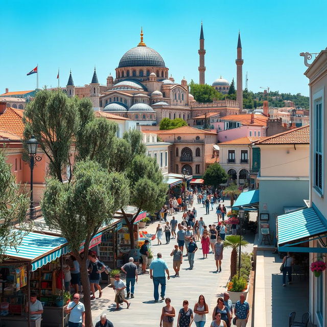 A vibrant cityscape that beautifully blends Turkish and Greek architectural elements, showcasing a harmonious fusion of cultures