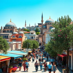 A vibrant cityscape that beautifully blends Turkish and Greek architectural elements, showcasing a harmonious fusion of cultures