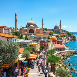 A vibrant cityscape that beautifully blends Turkish and Greek architectural elements, showcasing a harmonious fusion of cultures