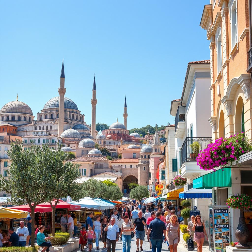 A vibrant cityscape that beautifully blends Turkish and Greek architectural elements, showcasing a harmonious fusion of cultures