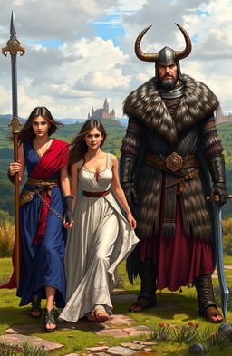 A vivid scene depicting a young woman in a flowing dress walking alongside a stylishly dressed Spanish sword fighter, complete with a decorative sword and traditional attire, characterized by rich colors and intricate details