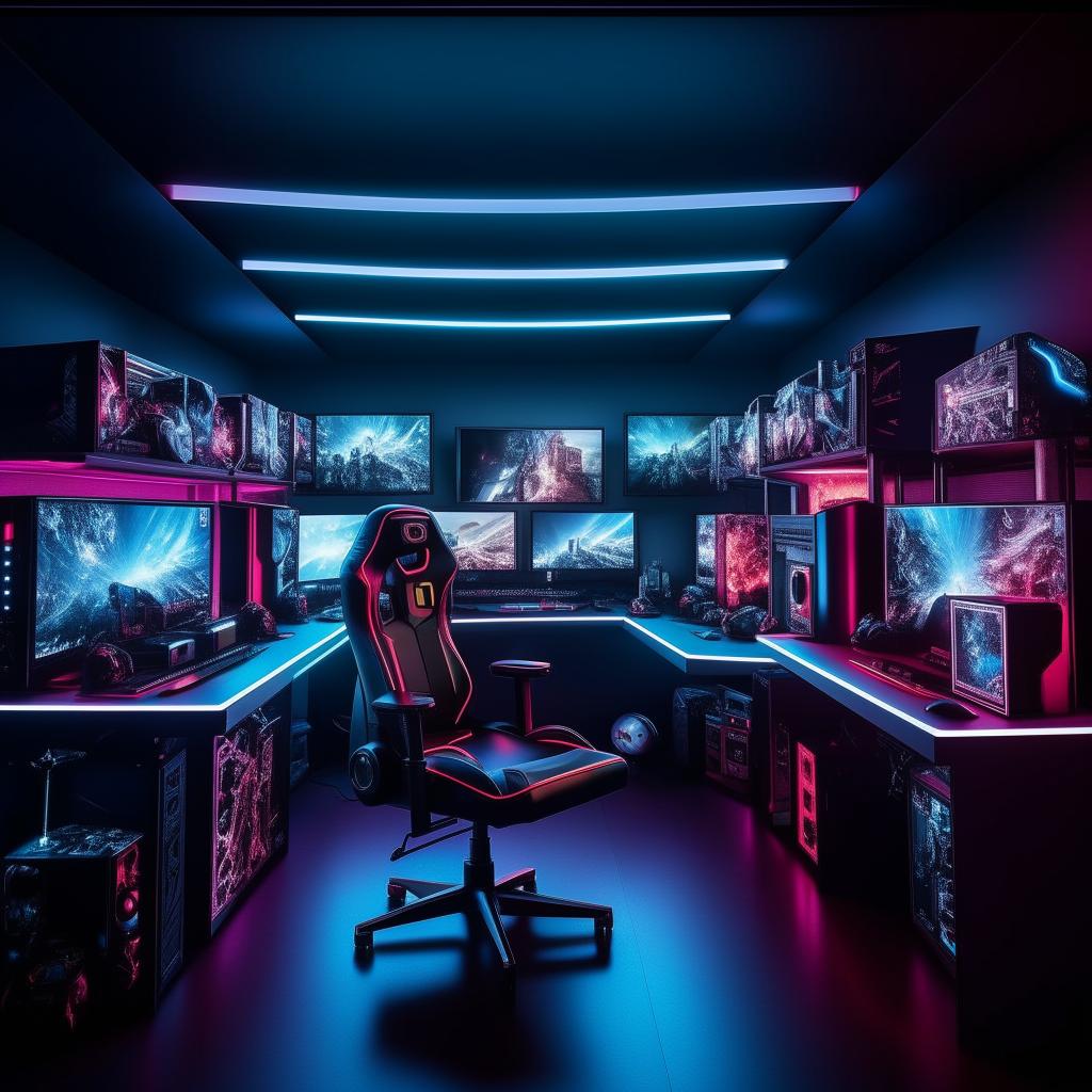 A state-of-the-art gaming room complete with high-end PCs, comfortable gaming chairs, ambiance-enhancing LED lighting, and multiple gaming consoles on a perfectly organized desk