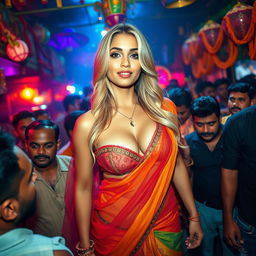 A busty, beautiful blonde woman wearing a colorful transparent saree and a strapless blouse that highlights her big cleavage and sexy navel