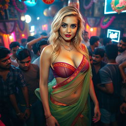 A busty, beautiful blonde woman wearing a colorful transparent saree and a strapless blouse that highlights her big cleavage and sexy navel