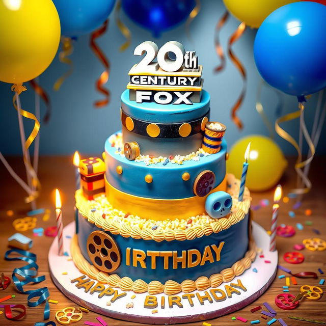 A whimsical and festive birthday cake designed to celebrate the 20th Century Fox theme