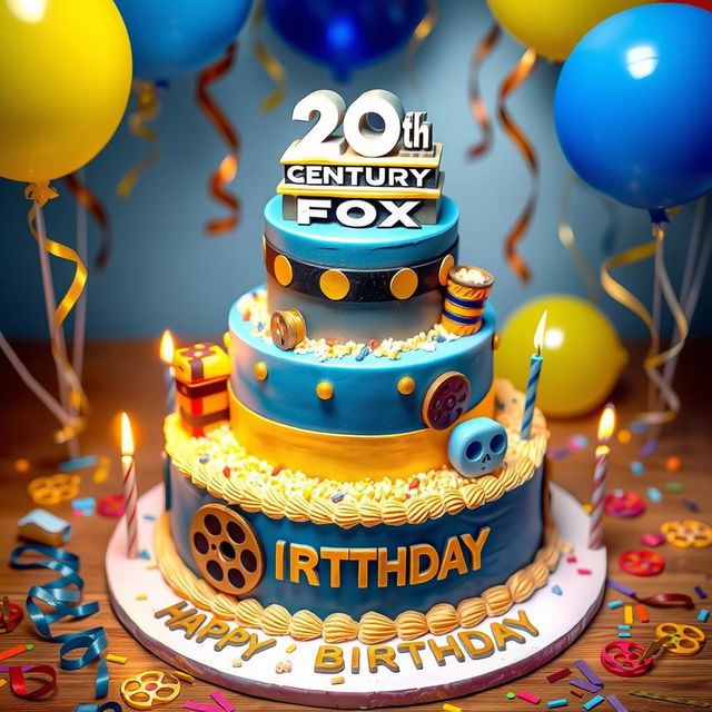 A whimsical and festive birthday cake designed to celebrate the 20th Century Fox theme