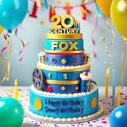 A whimsical and festive birthday cake designed to celebrate the 20th Century Fox theme