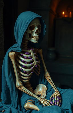 A melancholic skeleton dressed in tattered Persian blue rags with a hood, sitting in a dimly lit room