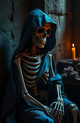 A melancholic skeleton dressed in tattered Persian blue rags with a hood, sitting in a dimly lit room