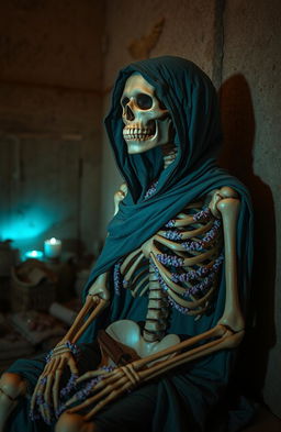 A melancholic skeleton dressed in tattered Persian blue rags with a hood, sitting in a dimly lit room