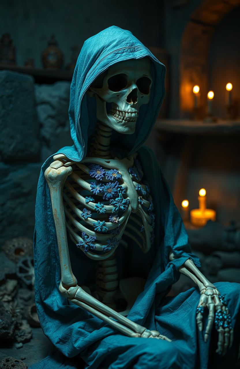 A melancholic skeleton dressed in tattered Persian blue rags with a hood, sitting in a dimly lit room