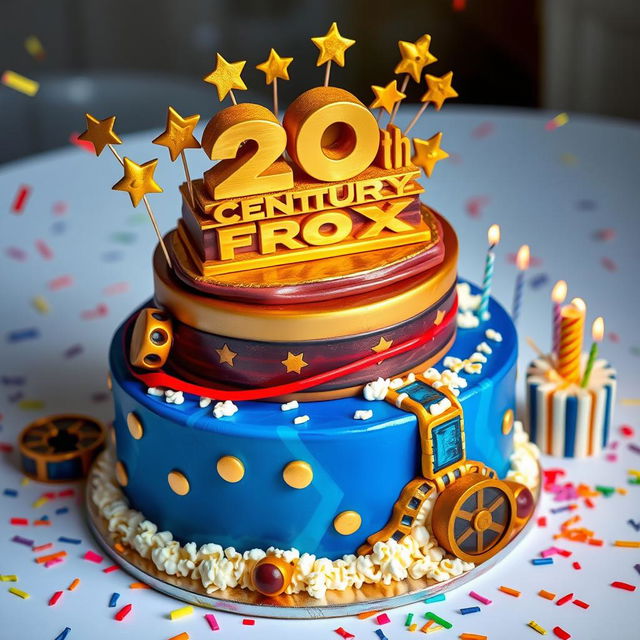 A delightful and elaborate birthday cake inspired by the 20th Century Fox theme