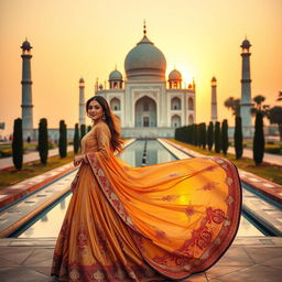 An elegant Arab woman dressed in a flowing, intricately designed traditional gown, standing gracefully in front of the Taj Mahal