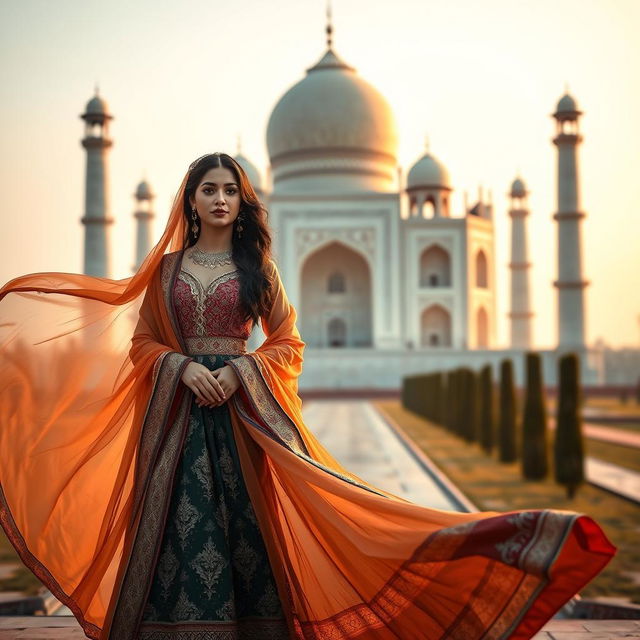 An elegant Arab woman dressed in a flowing, intricately designed traditional gown, standing gracefully in front of the Taj Mahal