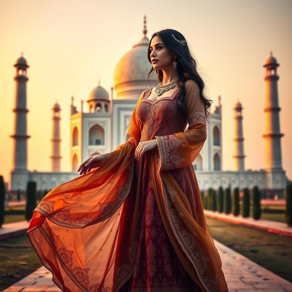 An elegant Arab woman dressed in a flowing, intricately designed traditional gown, standing gracefully in front of the Taj Mahal