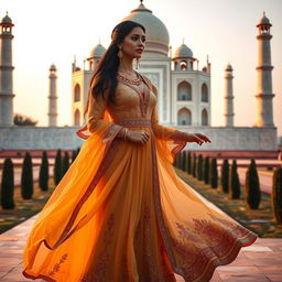 An elegant Arab woman dressed in a flowing, intricately designed traditional gown, standing gracefully in front of the Taj Mahal