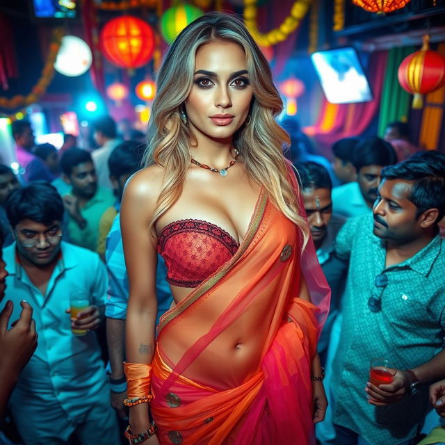 A busty, beautiful fitness blonde woman wearing a colorful transparent saree and a strapless blouse that highlights her big cleavage and sexy navel