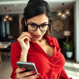 A close-up torso shot of a gorgeous brunette woman with glasses, wearing a stylish red blouse