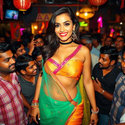 A busty, beautiful fitness Arab woman wearing a colorful transparent saree and a strapless blouse that highlights her big cleavage and sexy navel