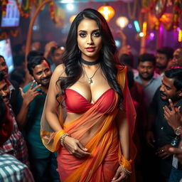 A busty, beautiful fitness Arab woman wearing a colorful transparent saree and a strapless blouse that highlights her big cleavage and sexy navel