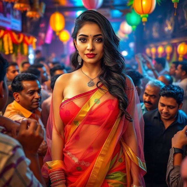 A busty, beautiful fitness Arab woman wearing a colorful transparent saree and a strapless blouse that highlights her big cleavage and sexy navel