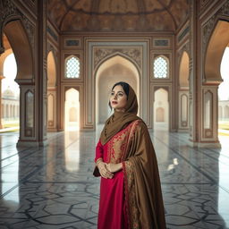 An elegant Arab woman standing inside the Taj Mahal, surrounded by its stunning architecture