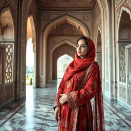 An elegant Arab woman standing inside the Taj Mahal, surrounded by its stunning architecture