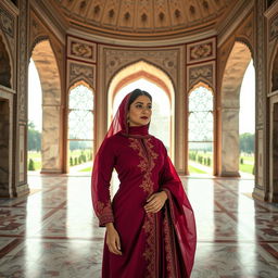 An elegant Arab woman standing inside the Taj Mahal, surrounded by its stunning architecture