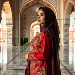 An elegant Arab woman standing inside the Taj Mahal, surrounded by its stunning architecture