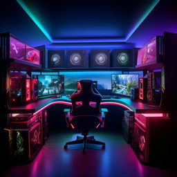 A state-of-the-art gaming room complete with high-end PCs, comfortable gaming chairs, ambiance-enhancing LED lighting, and multiple gaming consoles on a perfectly organized desk