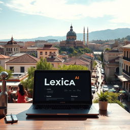 A modern and vibrant urban scene showcasing a creative workspace featuring a laptop with Lexica AI open on the screen