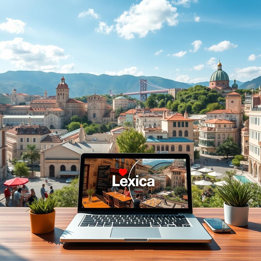 A modern and vibrant urban scene showcasing a creative workspace featuring a laptop with Lexica AI open on the screen