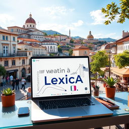 A modern and vibrant urban scene showcasing a creative workspace featuring a laptop with Lexica AI open on the screen