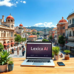 A modern and vibrant urban scene showcasing a creative workspace featuring a laptop with Lexica AI open on the screen